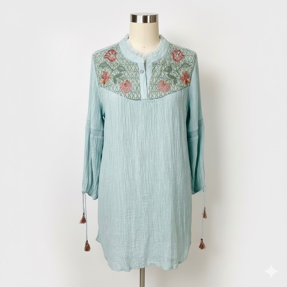 Lakshita Women's Medium Tunic Top Light Blue Embroidered Tassel Ties Indian Boho
